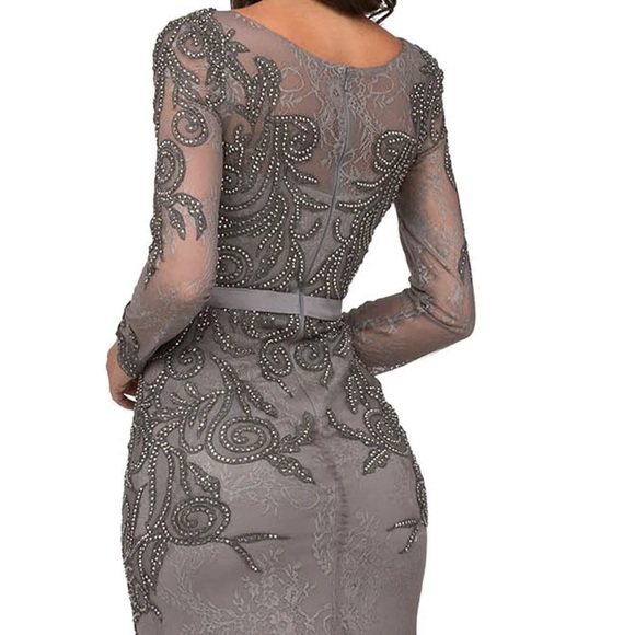 Cecilia Couture 1407 gunmetal size 14 long sleeve beaded and lace long dress NWT - Picture 4 of 9